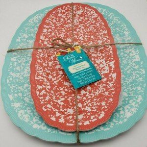 Pioneer Woman Melamine Serve Oval Tray Country Splatter 2Pc Set Coral&Teal New